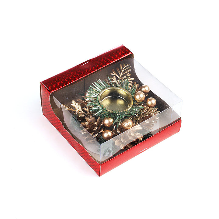 Christmas Candle Metals Candlestick Wreath Artificial Pinball Pinecone Candle Holder Fake Leaves Xmas New Year Home Table Decor by 253444