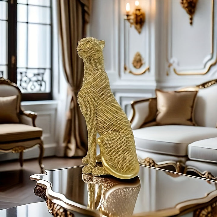 Glam Style Resin Cheetah Sculpture, 1PC Beaded Sitting Leopard Statue for Home Decor, Living Room, Study, Office Desk, Multipurpose Holiday Gift for Christmas, Thanksgiving, New Year - For Ages 14+ by Casa Perfeita