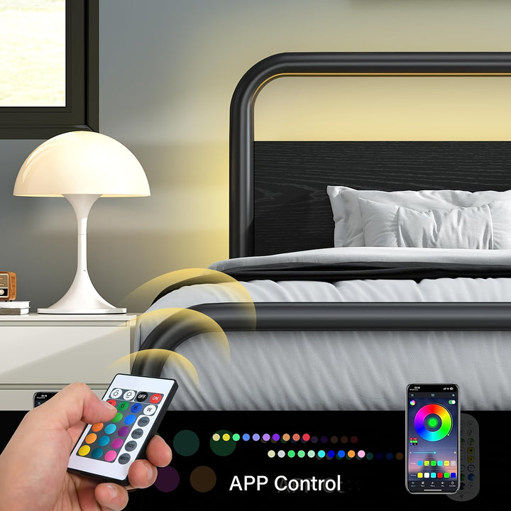 Cama Metálica com Cabeceira de Madeira e Armazenamento