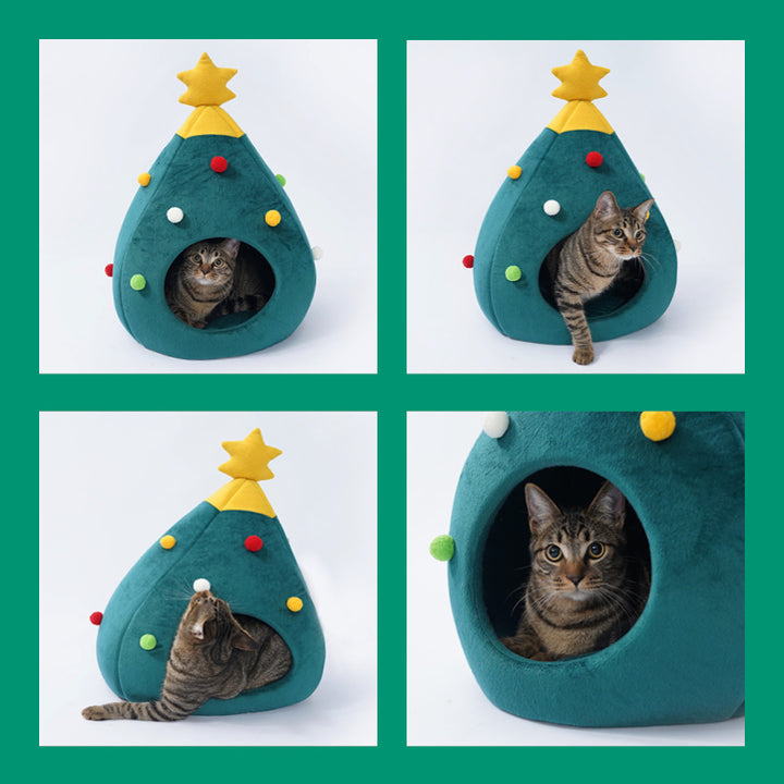 Cama De Gato Em Forma De Árvore De Natal Em Feltro S M L