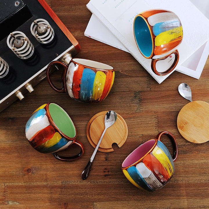 Caneca Cerâmica Com Tampa E Colher 350ml Conjunto Artesanal