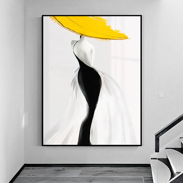 Modern Sexy Woman Yellow Hat Handmade Canvas Oil Painting Abstract Nordic Luxury Artwork Posters Living Room Canvas Wall Aesthetic Home Decor by 253444