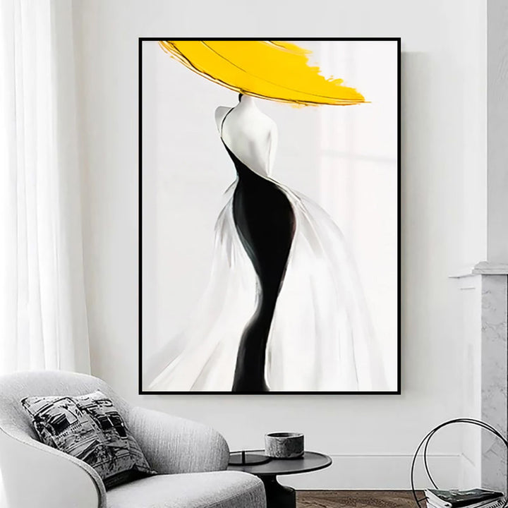 Modern Sexy Woman Yellow Hat Handmade Canvas Oil Painting Abstract Nordic Luxury Artwork Posters Living Room Canvas Wall Aesthetic Home Decor by 253444