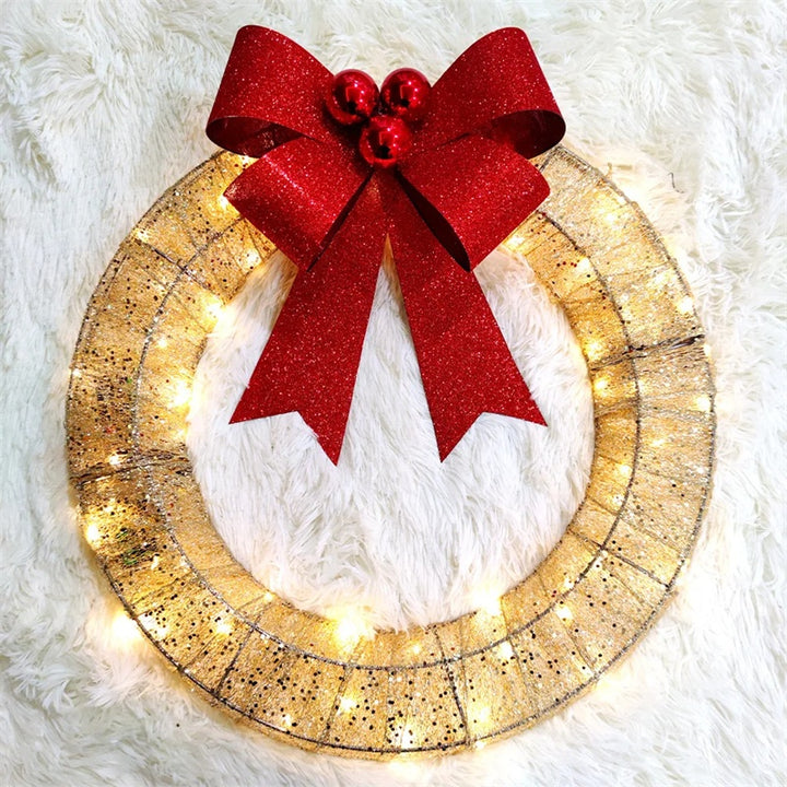 Christmas Garland 50CM Luminous LED Warm Light Metal Luminous Wreath With Big Bowknot Christmas Front Door Home Holiday Party Door Hanging Decor by 253444