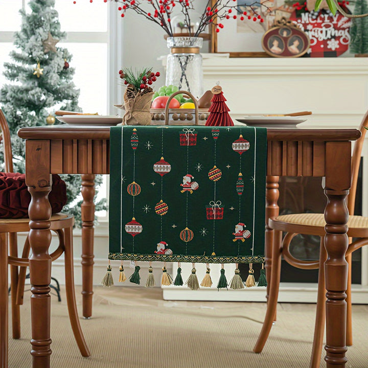 Rustic Polyester Blend Christmas Table Runner, Rectangular with Tassel, Festive Christmas Ball & Santa Pattern, Dotted Design, Holiday Party Dining Decor, for Home Kitchen & Dining Room by Casa Perfeita