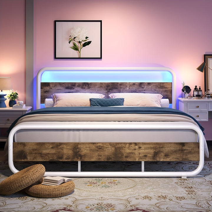 Cama Metálica com Cabeceira de Madeira e Armazenamento