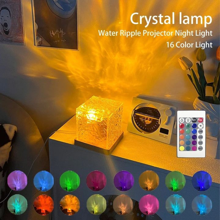 LED Water Ripple Ambient Night Light USB Rotating Projection Crystal Table Lamp RGB Dimmable Home Decoration 16 Color Gifts by 253444