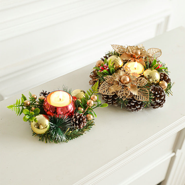 Christmas Candle Metals Candlestick Wreath Artificial Pinball Pinecone Candle Holder Fake Leaves Xmas New Year Home Table Decor by 253444