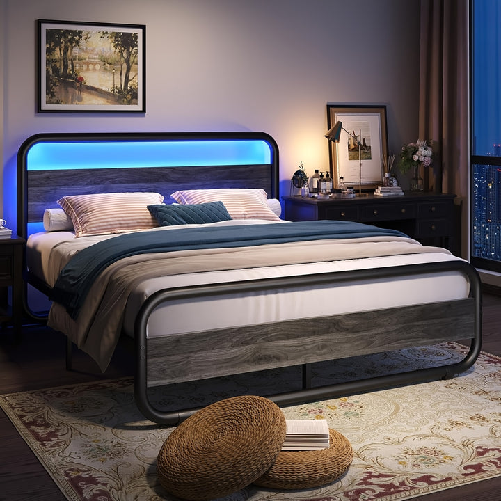 Cama Metálica com Cabeceira de Madeira e Armazenamento