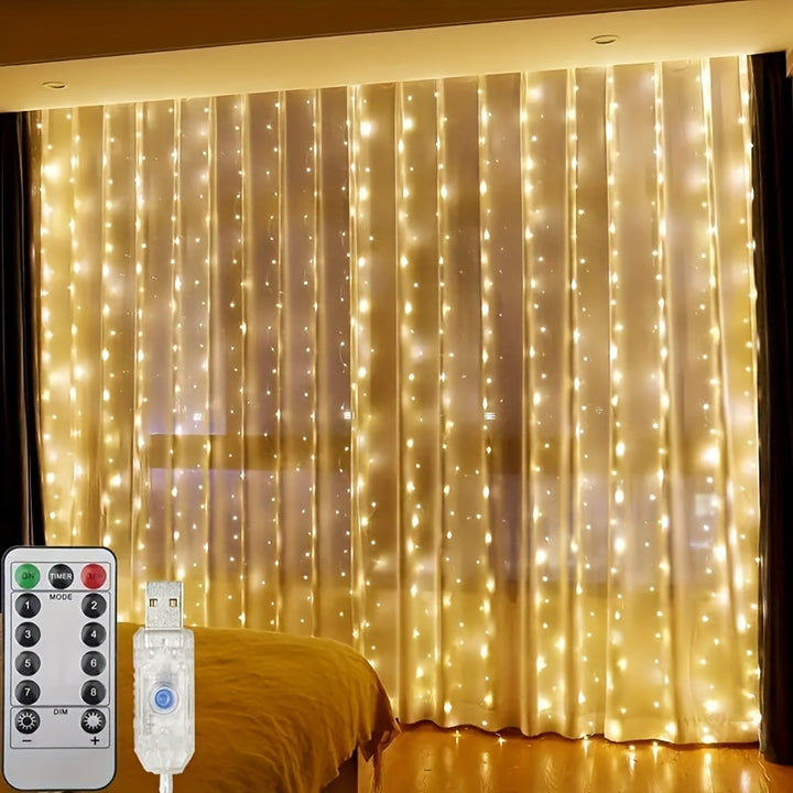 Classic Indoor 600 LED Curtain String Lights with Remote Control, 5.97meter x 298.7cm USB Powered Fairy Lights for Bedroom Window Christmas Decoration, Plastic, Holiday-slogans Theme with IR Sensor Function, Multiple Modes - by Casa Perfeita