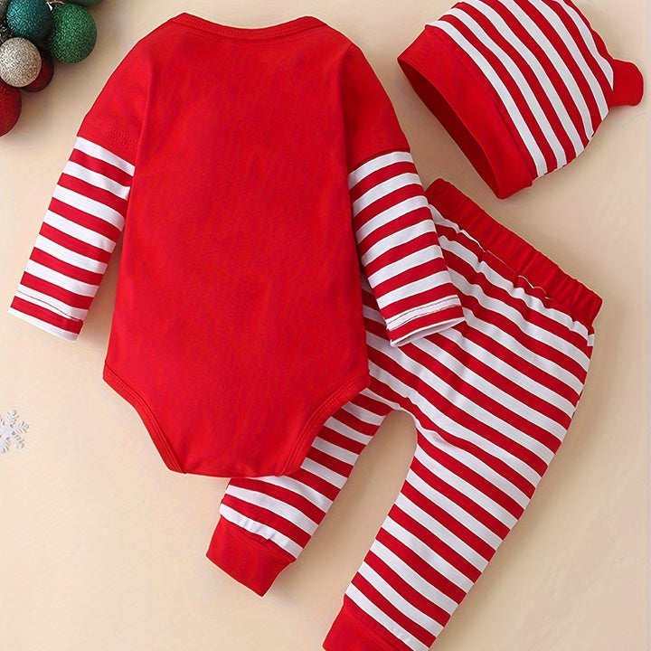 Conjunto Bebê Natal 3 Peças Casual Com Boné Papai Noel