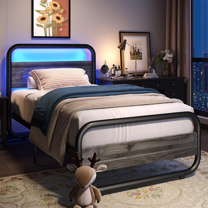 Cama Metálica com Cabeceira de Madeira e Armazenamento