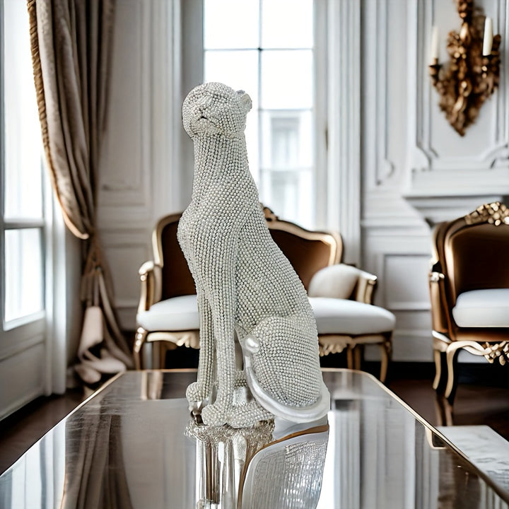 Glam Style Resin Cheetah Sculpture, 1PC Beaded Sitting Leopard Statue for Home Decor, Living Room, Study, Office Desk, Multipurpose Holiday Gift for Christmas, Thanksgiving, New Year - For Ages 14+ by Casa Perfeita