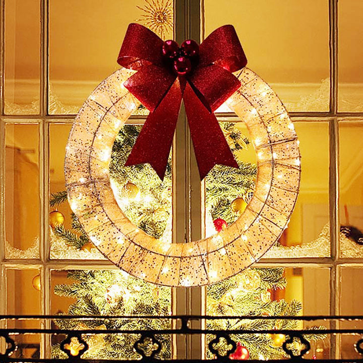 Christmas Garland 50CM Luminous LED Warm Light Metal Luminous Wreath With Big Bowknot Christmas Front Door Home Holiday Party Door Hanging Decor by 253444