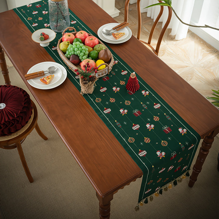 Rustic Polyester Blend Christmas Table Runner, Rectangular with Tassel, Festive Christmas Ball & Santa Pattern, Dotted Design, Holiday Party Dining Decor, for Home Kitchen & Dining Room by Casa Perfeita