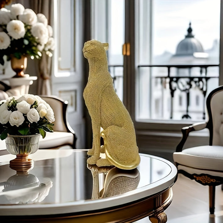 Glam Style Resin Cheetah Sculpture, 1PC Beaded Sitting Leopard Statue for Home Decor, Living Room, Study, Office Desk, Multipurpose Holiday Gift for Christmas, Thanksgiving, New Year - For Ages 14+ by Casa Perfeita