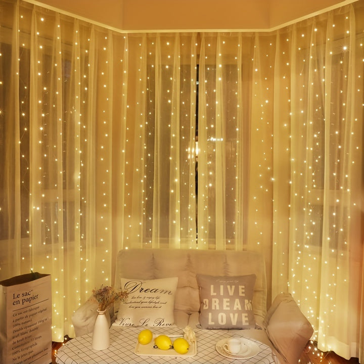 Classic Indoor 600 LED Curtain String Lights with Remote Control, 5.97meter x 298.7cm USB Powered Fairy Lights for Bedroom Window Christmas Decoration, Plastic, Holiday-slogans Theme with IR Sensor Function, Multiple Modes - by Casa Perfeita