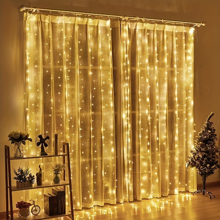 Classic Indoor 600 LED Curtain String Lights with Remote Control, 5.97meter x 298.7cm USB Powered Fairy Lights for Bedroom Window Christmas Decoration, Plastic, Holiday-slogans Theme with IR Sensor Function, Multiple Modes - by Casa Perfeita