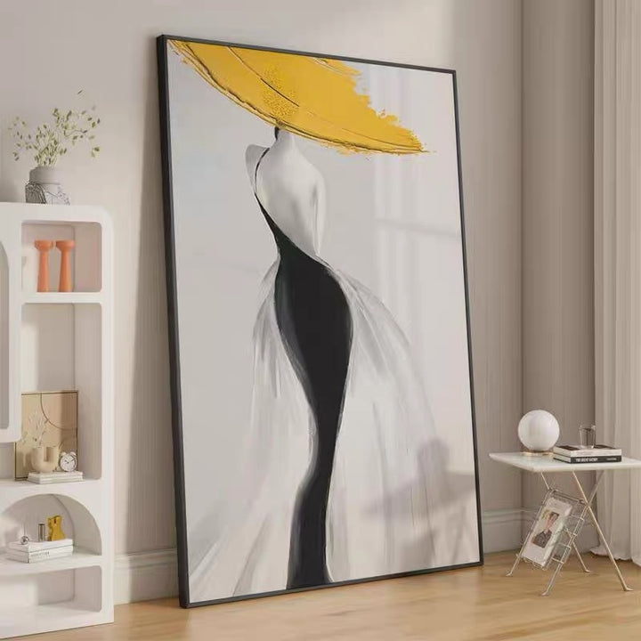 Modern Sexy Woman Yellow Hat Handmade Canvas Oil Painting Abstract Nordic Luxury Artwork Posters Living Room Canvas Wall Aesthetic Home Decor by 253444