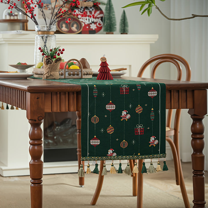 Rustic Polyester Blend Christmas Table Runner, Rectangular with Tassel, Festive Christmas Ball & Santa Pattern, Dotted Design, Holiday Party Dining Decor, for Home Kitchen & Dining Room by Casa Perfeita