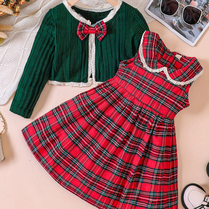 Conjunto Natal Meninas 2 Peças Cardigã E Vestido Xadrez