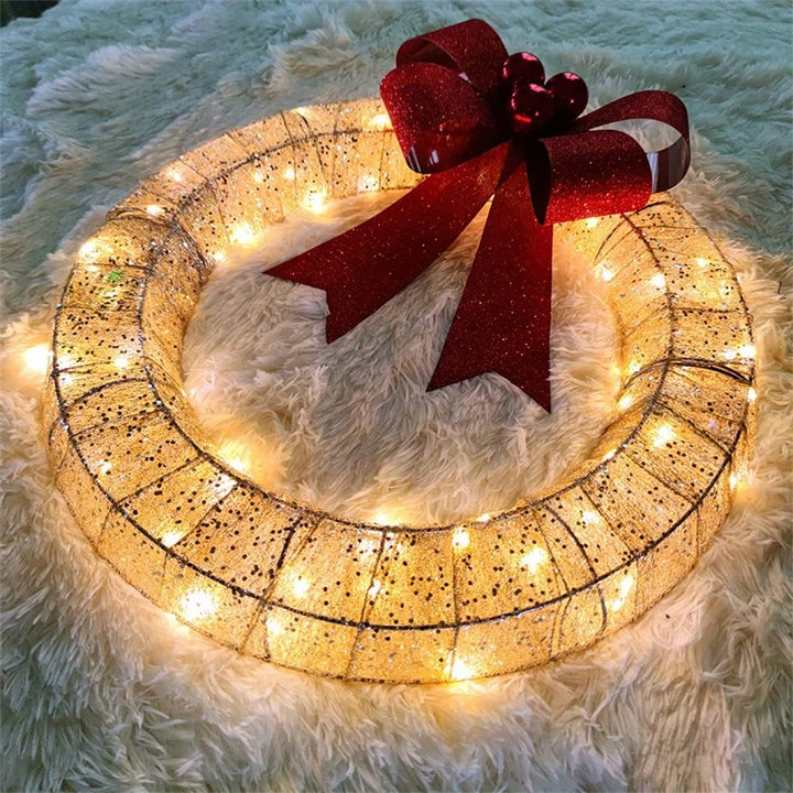 Christmas Garland 50CM Luminous LED Warm Light Metal Luminous Wreath With Big Bowknot Christmas Front Door Home Holiday Party Door Hanging Decor by 253444