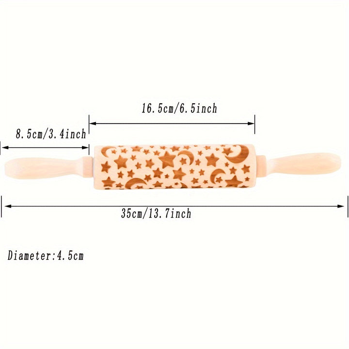 Rolinho de Madeira Gravado a Laser Estrelas Lua para Massas
