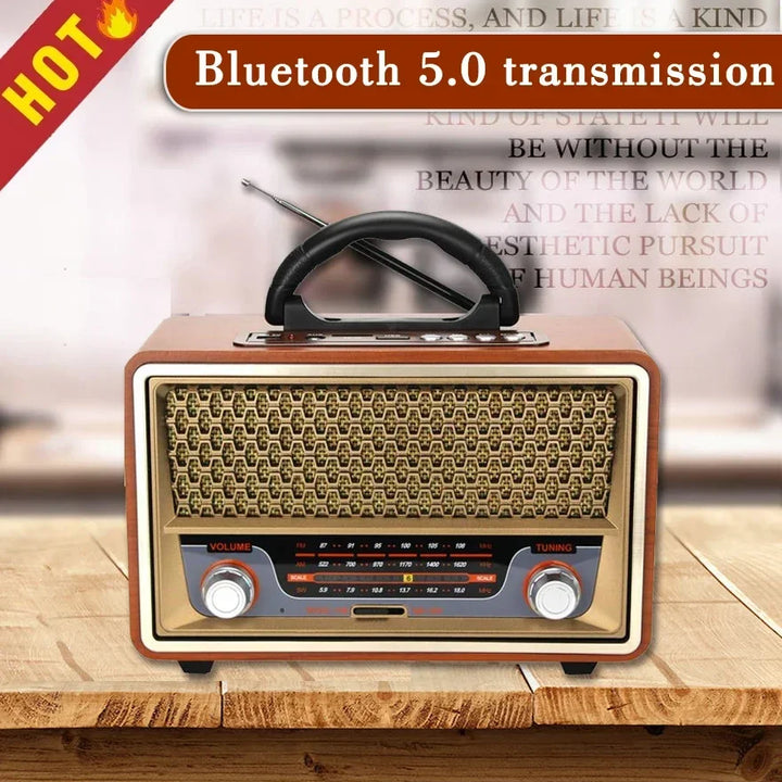 Rádio Portátil Madeira Retro Bluetooth Alto Falante FM Casa