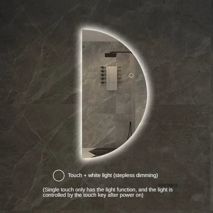 Espelhos de banho inteligentes semicirculares, tela sensível ao toque led, espelho de parede iluminado para banheiro, espelhos decorativos em formato especial