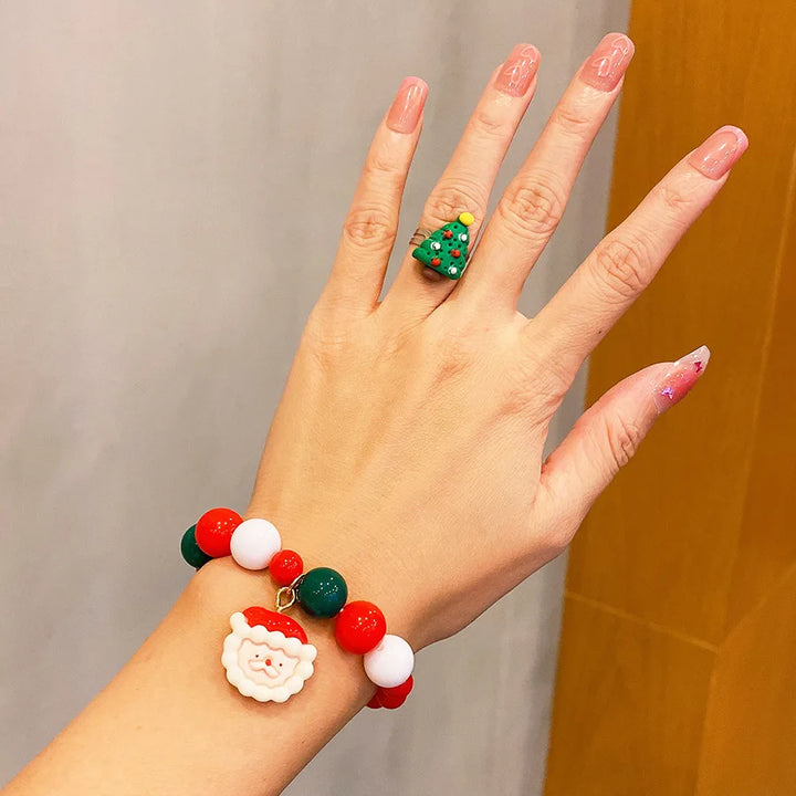 Conjunto Joias Natal Infantil Pulseira Colorida Anel Brilho