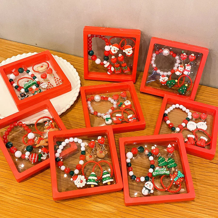 Conjunto Joias Natal Infantil Pulseira Colorida Anel Brilho