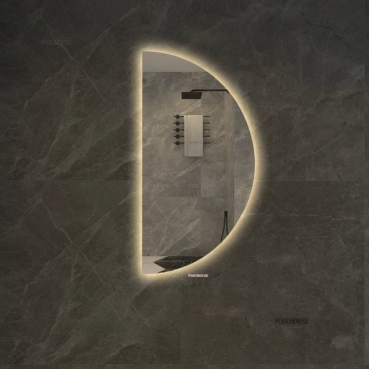 Espelhos de banho inteligentes semicirculares, tela sensível ao toque led, espelho de parede iluminado para banheiro, espelhos decorativos em formato especial