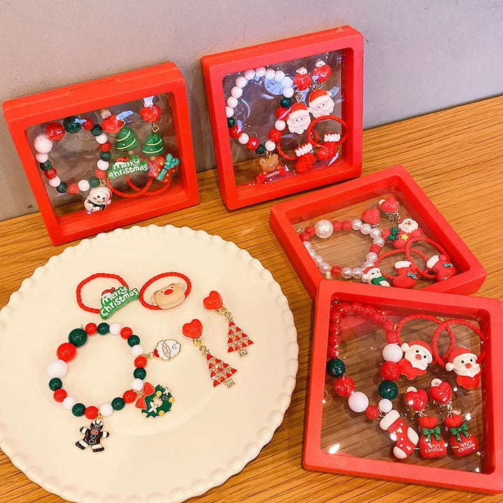 Conjunto Joias Natal Infantil Pulseira Colorida Anel Brilho