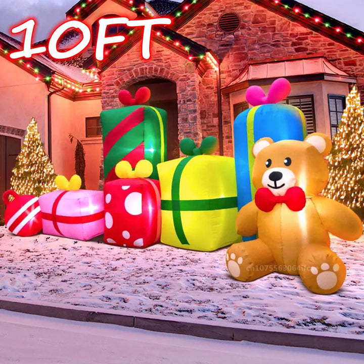 Urso Inflável De Natal 3m Com 6 Caixas De Presente Luzes LED Embutidas Inflado Brinquedo Ao Ar Livre Festa Quintal