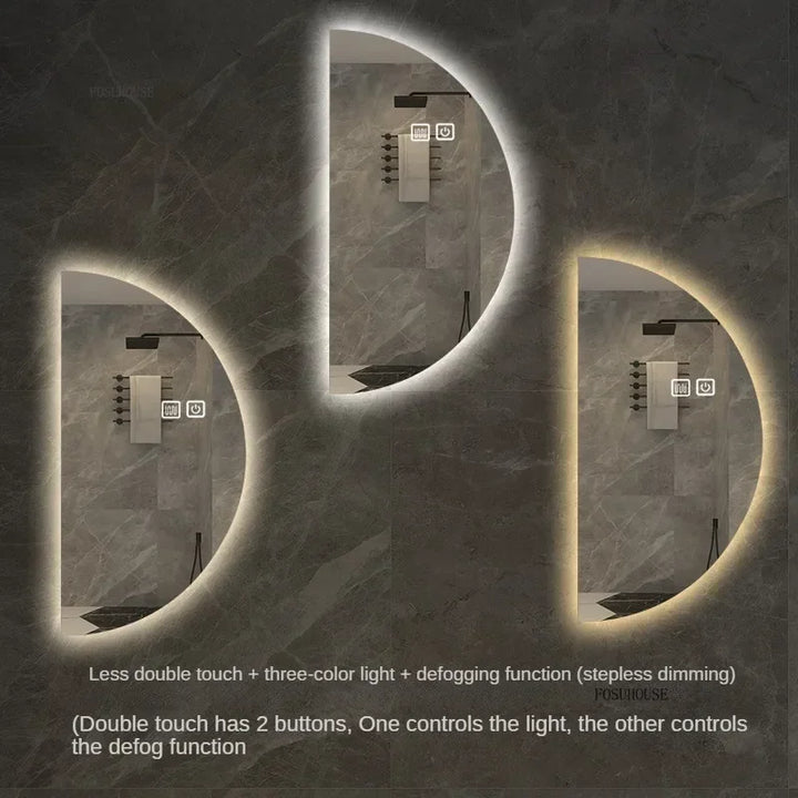 Espelhos de banho inteligentes semicirculares, tela sensível ao toque led, espelho de parede iluminado para banheiro, espelhos decorativos em formato especial