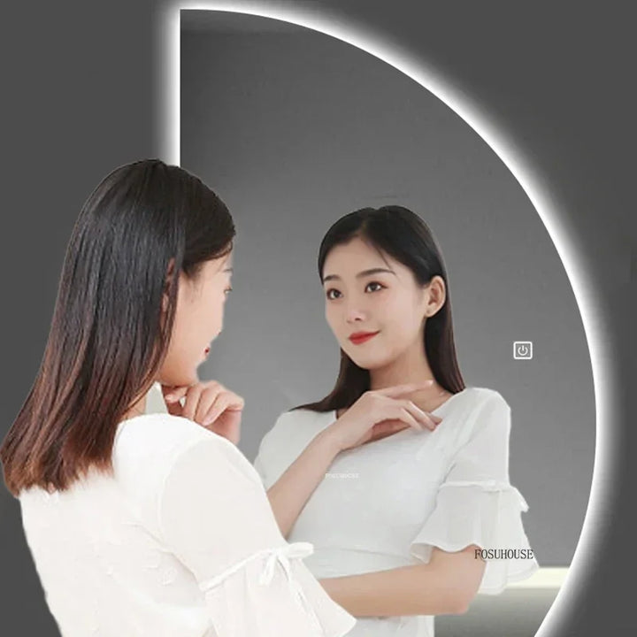 Espelhos de banho inteligentes semicirculares, tela sensível ao toque led, espelho de parede iluminado para banheiro, espelhos decorativos em formato especial