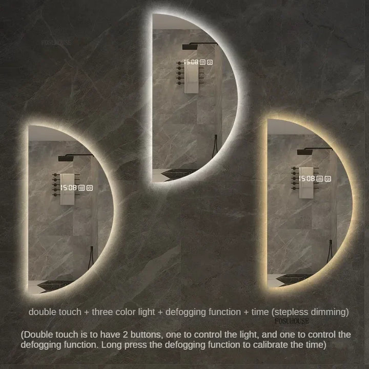 Espelhos de banho inteligentes semicirculares, tela sensível ao toque led, espelho de parede iluminado para banheiro, espelhos decorativos em formato especial