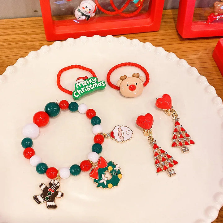 Conjunto Joias Natal Infantil Pulseira Colorida Anel Brilho