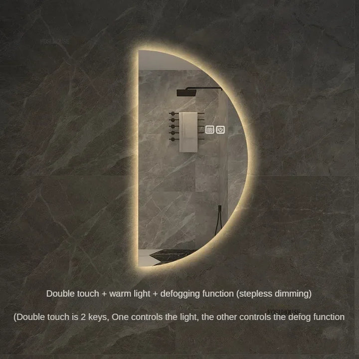 Espelhos de banho inteligentes semicirculares, tela sensível ao toque led, espelho de parede iluminado para banheiro, espelhos decorativos em formato especial
