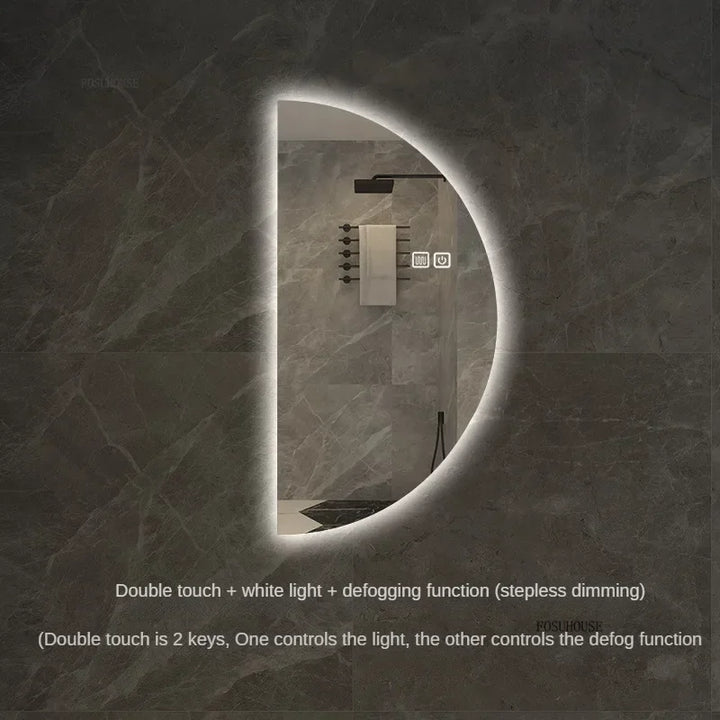 Espelhos de banho inteligentes semicirculares, tela sensível ao toque led, espelho de parede iluminado para banheiro, espelhos decorativos em formato especial