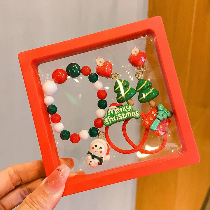 Conjunto Joias Natal Infantil Pulseira Colorida Anel Brilho