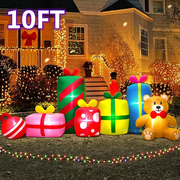 Urso Inflável De Natal 3m Com 6 Caixas De Presente Luzes LED Embutidas Inflado Brinquedo Ao Ar Livre Festa Quintal
