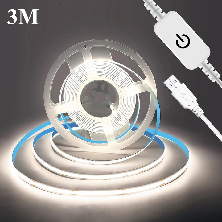 LED Strip Light Com Toque Controle Dimmer, COB Lâmpada, Alta Densidade, Fita Flexível Luzes, Decoração Do Armário, Casa, USB, RA90, 320LEDs, 5V