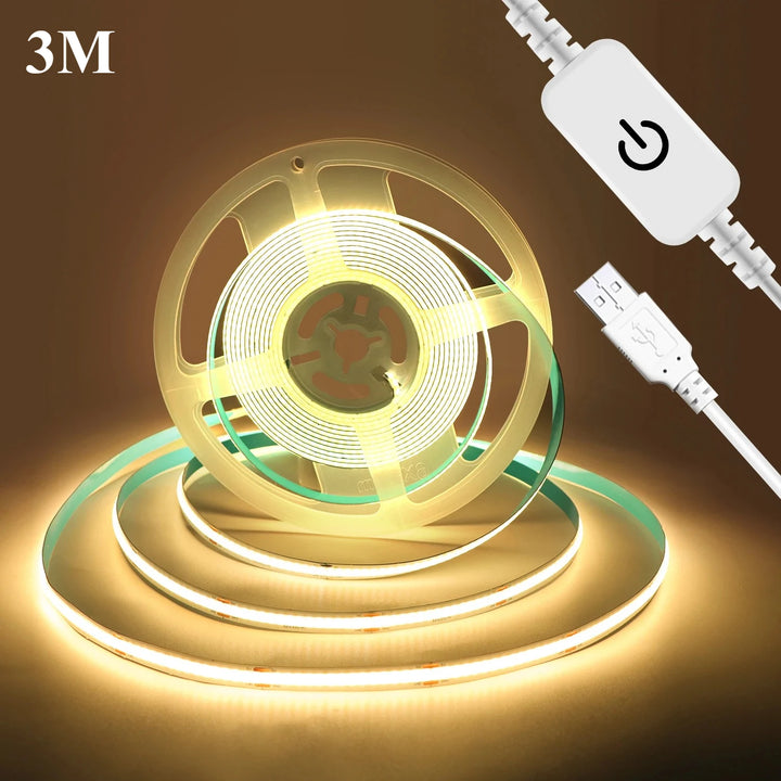 LED Strip Light Com Toque Controle Dimmer, COB Lâmpada, Alta Densidade, Fita Flexível Luzes, Decoração Do Armário, Casa, USB, RA90, 320LEDs, 5V