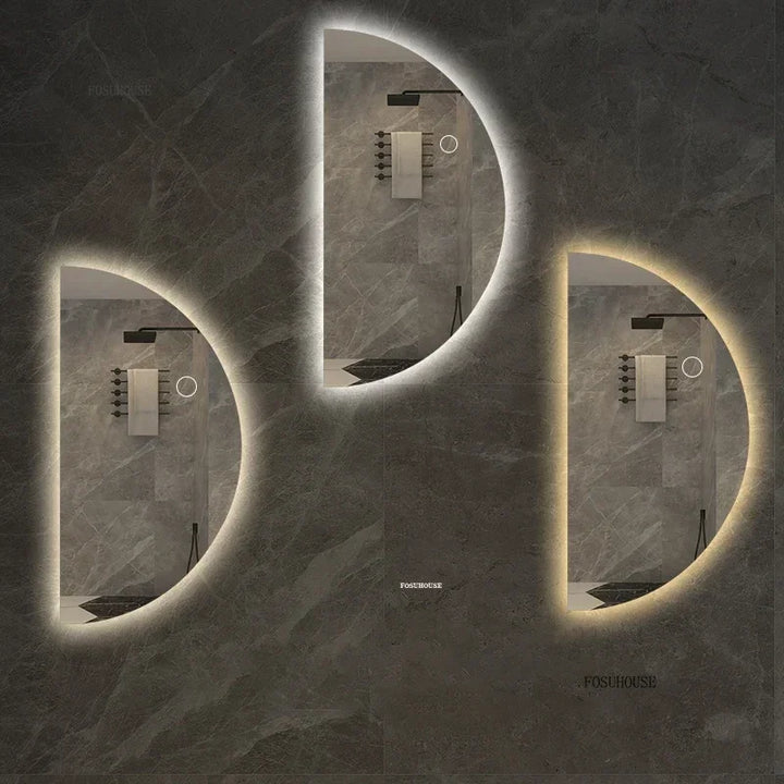 Espelhos de banho inteligentes semicirculares, tela sensível ao toque led, espelho de parede iluminado para banheiro, espelhos decorativos em formato especial