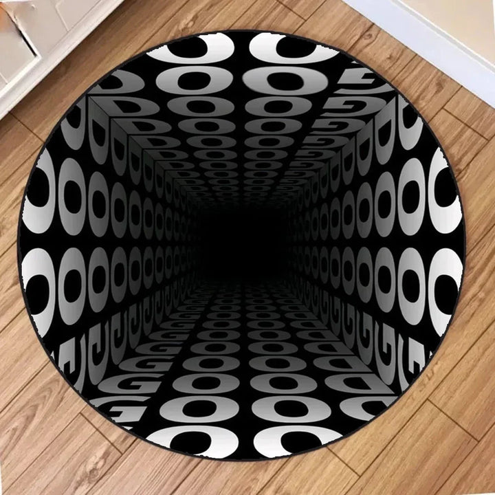 Tapete Redondo 3D Ilusão Visual Espiral Preto Moderno