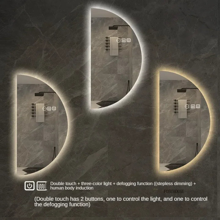 Espelhos de banho inteligentes semicirculares, tela sensível ao toque led, espelho de parede iluminado para banheiro, espelhos decorativos em formato especial