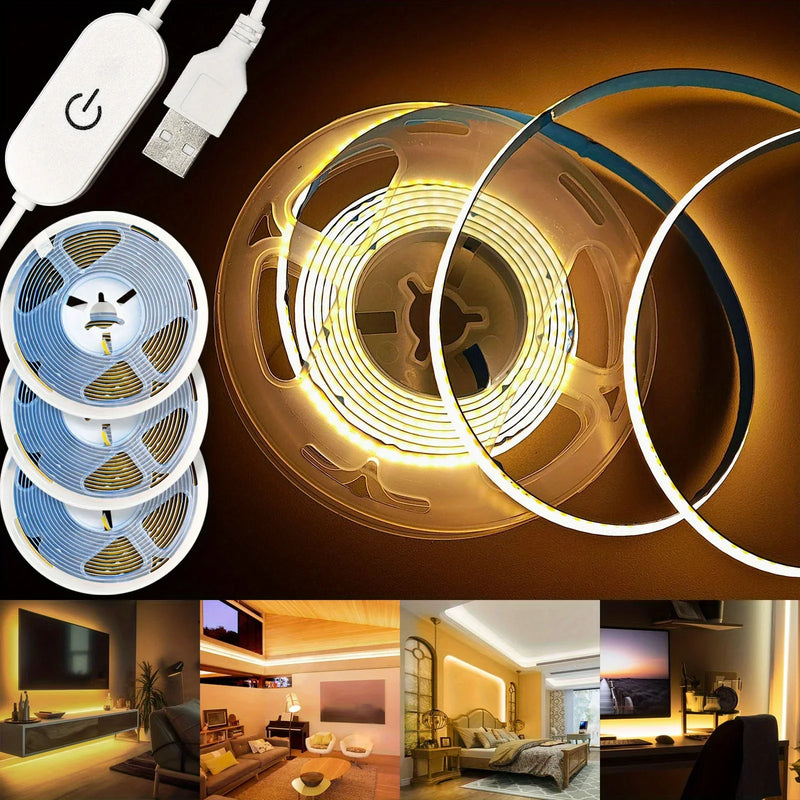 LED Strip Light Com Toque Controle Dimmer, COB Lâmpada, Alta Densidade, Fita Flexível Luzes, Decoração Do Armário, Casa, USB, RA90, 320LEDs, 5V by Casa Perfeita