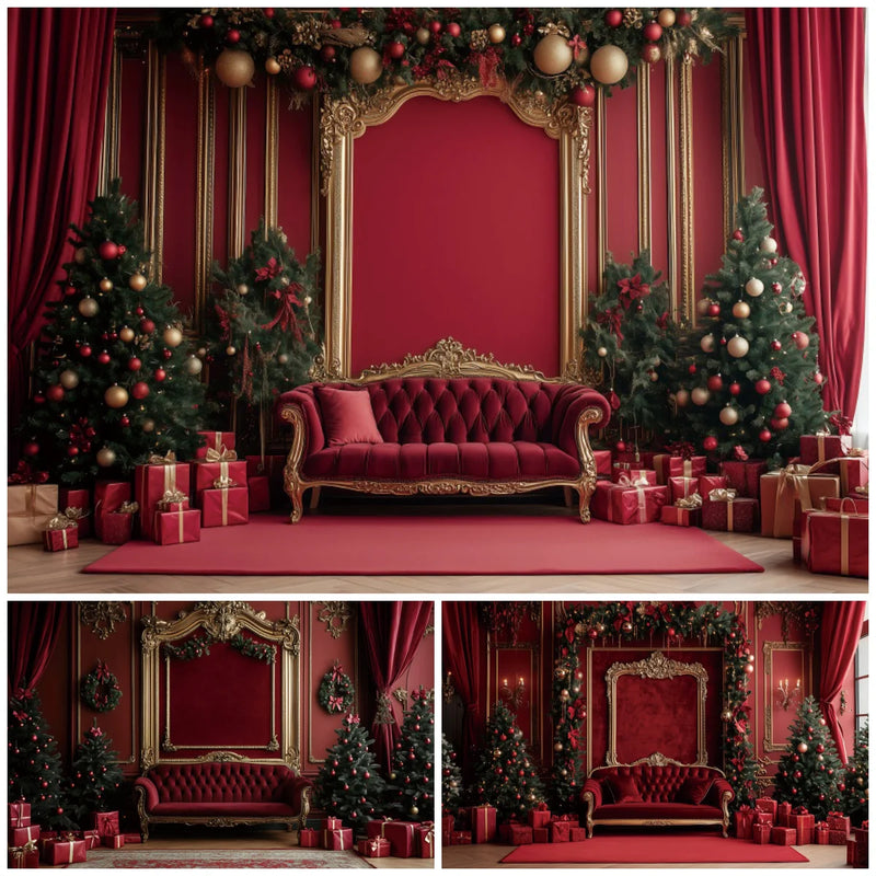Pano de Fundo Natal Vintage Vermelho Ouro Ornamento Árvore