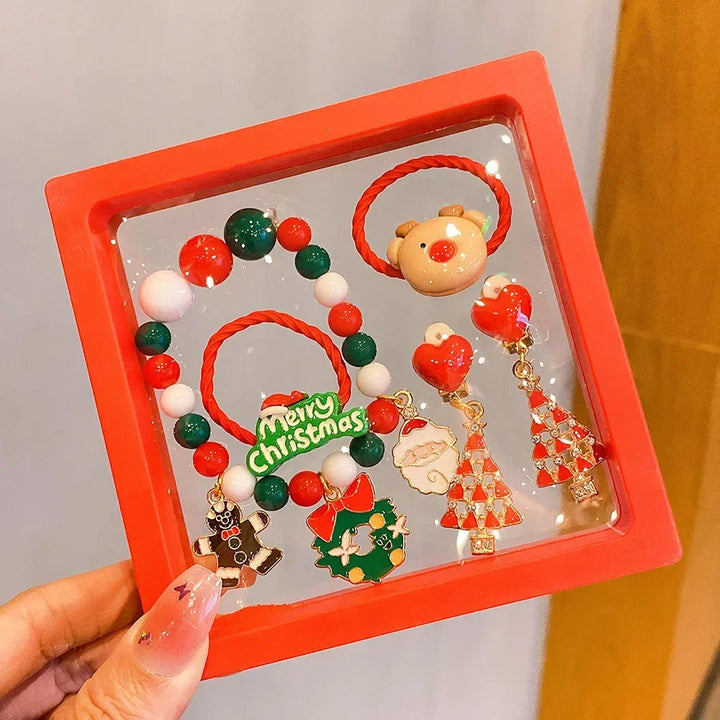 Conjunto Joias Natal Infantil Pulseira Colorida Anel Brilho